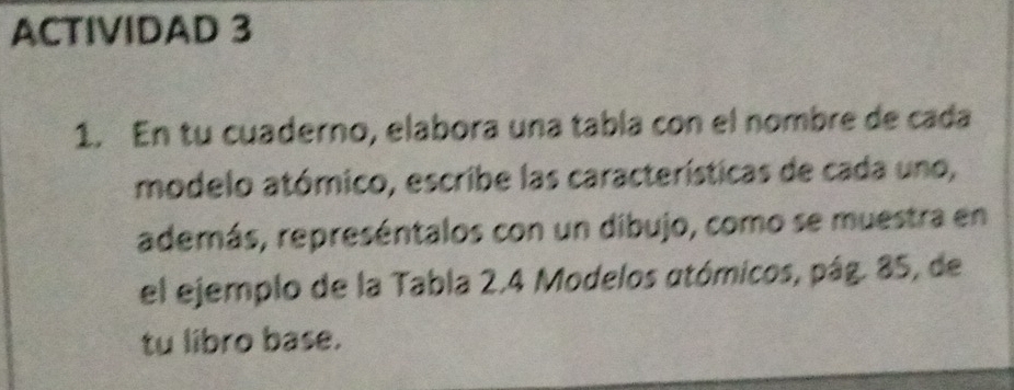 ACTIVIDAD 3 
1. En tu cuaderno, elabora una tabla con el nombre de cada 
modelo atómico, escribe las características de cada uno, 
además, represéntalos con un dibujo, como se muestra en 
el ejemplo de la Tabla 2.4 Modelos atómicos, pág. 85, de 
tu libro base.