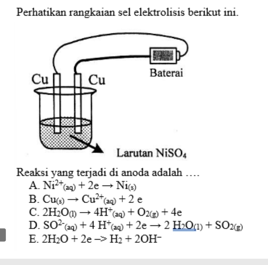 Perhatikan rangkaian sel elektrolisis berikut ini.
Reaksi yang terjadi di anoda adalah ...
A. Ni^(2+)(aq)+2eto Ni_(s)
B. Cu_(s)to Cu^(2+)(aq)+2e
C. 2H_2O_(1)to 4H^+_(aq)+O_2(g)+4e
D. SO^(2-)_(aq)+4H^+_(aq)+2eto 2H_2O_(1)+SO_2(g)
E. 2H_2O+2eto H_2+2OH^-