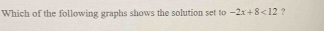 Which of the following graphs shows the solution set to -2x+8<12</tex> ?