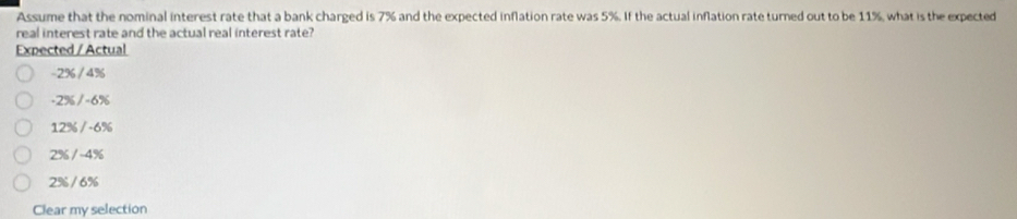 Assume that the nominal interest rate that a bank charged is 7% and the expected inflation rate was 5%. If the actual inflation rate turned out to be 11%, what is the expected
real interest rate and the actual real interest rate?
Expected / Actual
-2% / 4%
-2% / -6%
12% / -6%
2% / -4%
2% / 6%
Clear my selection