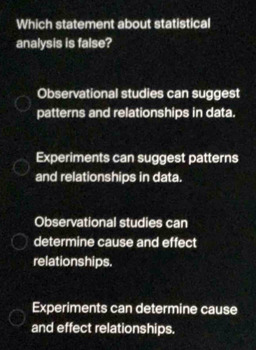 Which statement about statistical
analysis is false?
Observational studies can suggest
patterns and relationships in data.
Experiments can suggest patterns
and relationships in data.
Observational studies can
determine cause and effect
relationships.
Experiments can determine cause
and effect relationships.