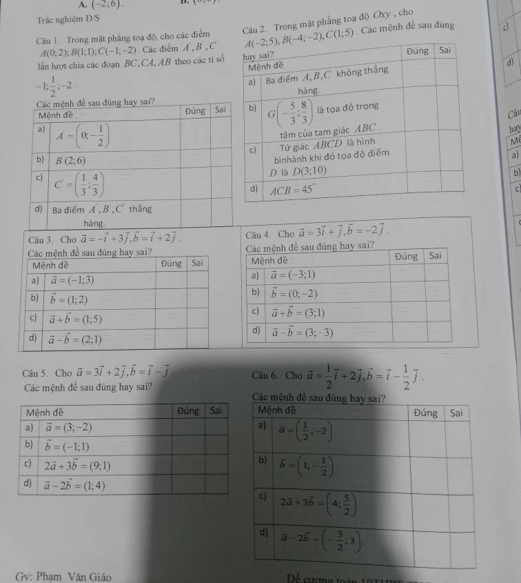 (-2;6). D 1
Trắc nghiệm Đ/S
Câu 1. Trong mặt phẳng toạ độ, cho các điểm  Câu 2. Trong mặt phẳng toạ độ Oxy , cho
A(0;2);B(1;1);C(-1;-2) Các điểm A,B',C Các mệnh đề sau đúng
lần lượt chia các đoạn BC,CA, AB theo các tỉ số
d)
-1; 1/2 ;-2.
Câu
hay
M
a)
b
c 
Câu 3. Cho vector a=-vector i+3vector j,vector b=vector i+2vector j. Câu 4. Cho vector a=3vector i+vector j,vector b=-2vector j.

Câu 5. Cho vector a=3vector i+2vector j,vector b=vector i-vector j. Câu 6. Cho vector a= 1/2 vector i+2vector j,vector b=vector i- 1/2 vector j.
Các mệnh đề sau đúng hay sai? 
Gv: Phạm Văn Giáo  Đề cượmg Joán 197M