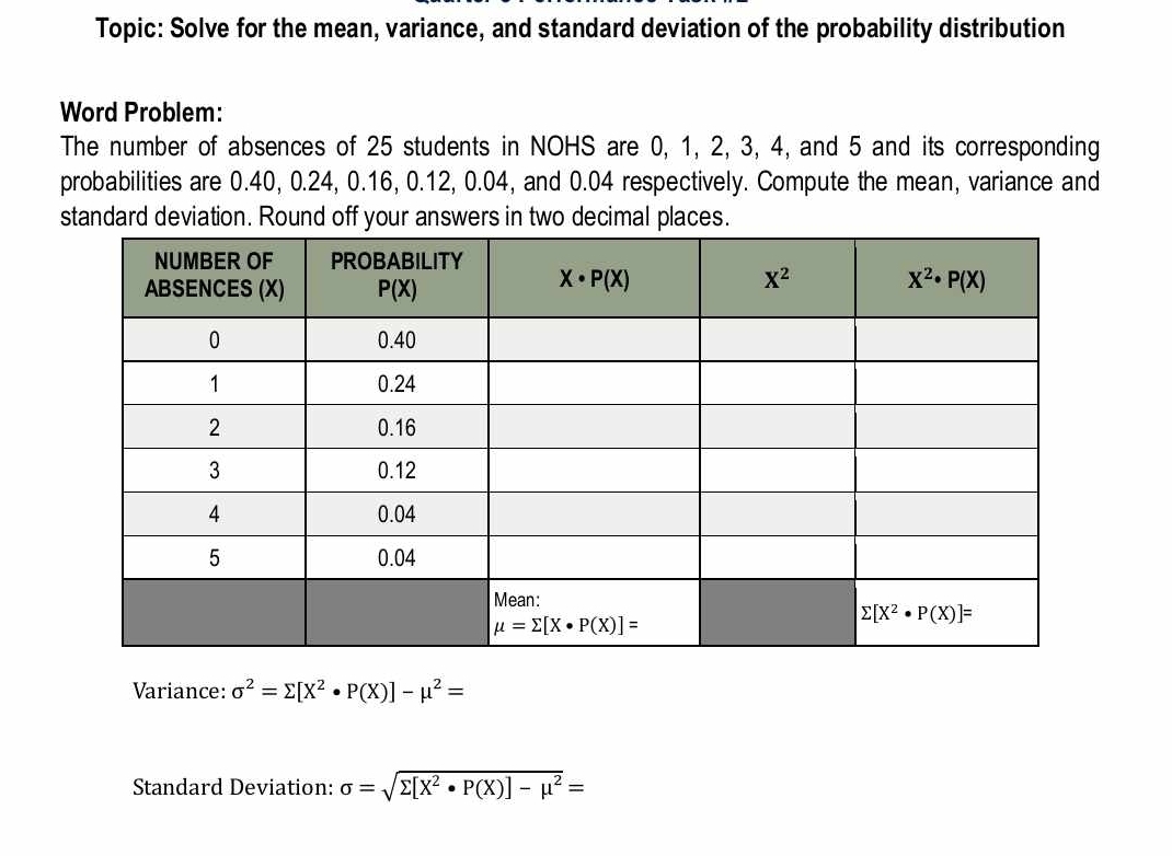 Topic: Solve for the mean, variance, and standard deviation of the probability distribution
Word Problem:
The number of absences of 25 students in NOHS are 0, 1, 2, 3, 4, and 5 and its corresponding
probabilities are 0.40, 0.24, 0.16, 0.12, 0.04, and 0.04 respectively. Compute the mean, variance and
standard deviation. Round off your answers in two decimal places.
Variance: sigma^2=sumlimits [X^2· P(X)]-mu^2=
Standard Deviation: sigma =sqrt(sumlimits [X^2· P(X)]-mu^2)=