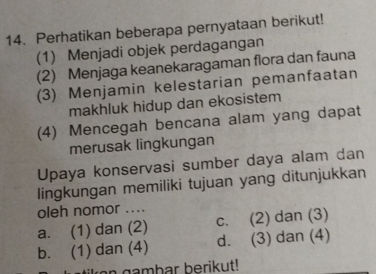 Perhatikan beberapa pernyataan berikut!
(1) Menjadi objek perdagangan
(2) Menjaga keanekaragaman flora dan fauna
(3) Menjamin kelestarian pemanfaatan
makhluk hidup dan ekosistem
(4) Mencegah bencana alam yang dapat
merusak lingkungan
Upaya konservasi sumber daya alam dan
lingkungan memiliki tujuan yang ditunjukkan
oleh nomor ....
a. (1) dan (2) c. (2) dan (3)
b. (1) dan (4) d. (3) dan (4)
e a mb ar berikut!