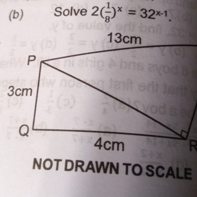 Solve 2( 1/8 )^x=32^(x-1). 
NOT DRAWN TO SCALE