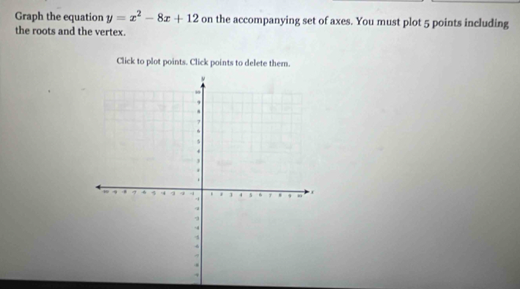 Graph the equation y=x^2-8x+12 on the accompanying set of axes. You must plot 5 points including 
the roots and the vertex. 
Click to plot points. Click points to delete them.