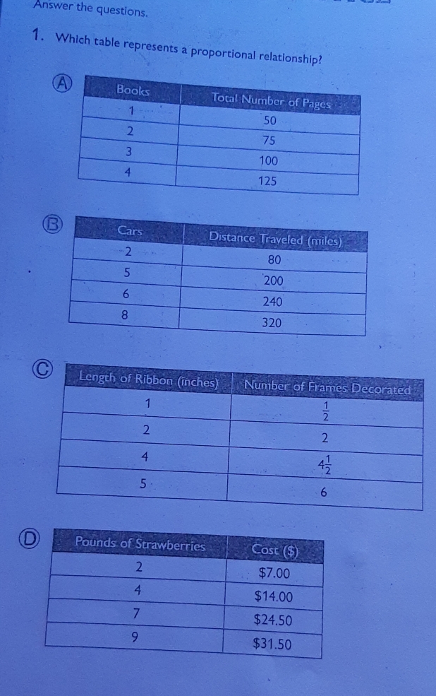 Answer the questions.
1. Which table represents a proportional relationship?