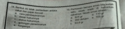 Berikut ini letak perbedaan antara
15. Perhiasan berupa emas bila sudah
zakat dan pajak kecual
satu nisab wajb di keluarkar.
a 624 gr zakatnya. Nisab emas adaiah
d. 110 gr
b. dasar hukumnya a. cara pembayarannya
e 105 gr
c. status hukumnya
dgolongan penerimanya
c. 93,6 gr b. 200 dirham
e. fungsinya