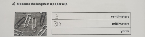 Measure the length of a paper clip.