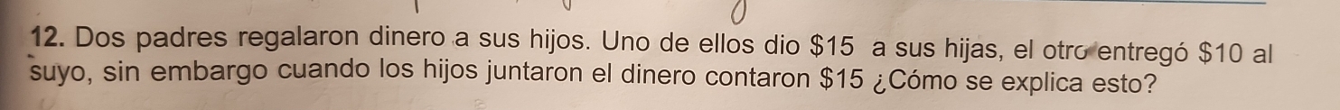 Dos padres regalaron dinero a sus hijos. Uno de ellos dio $15 a sus hijas, el otro entregó $10 al 
suyo, sin embargo cuando los hijos juntaron el dinero contaron $15 ¿Cómo se explica esto?