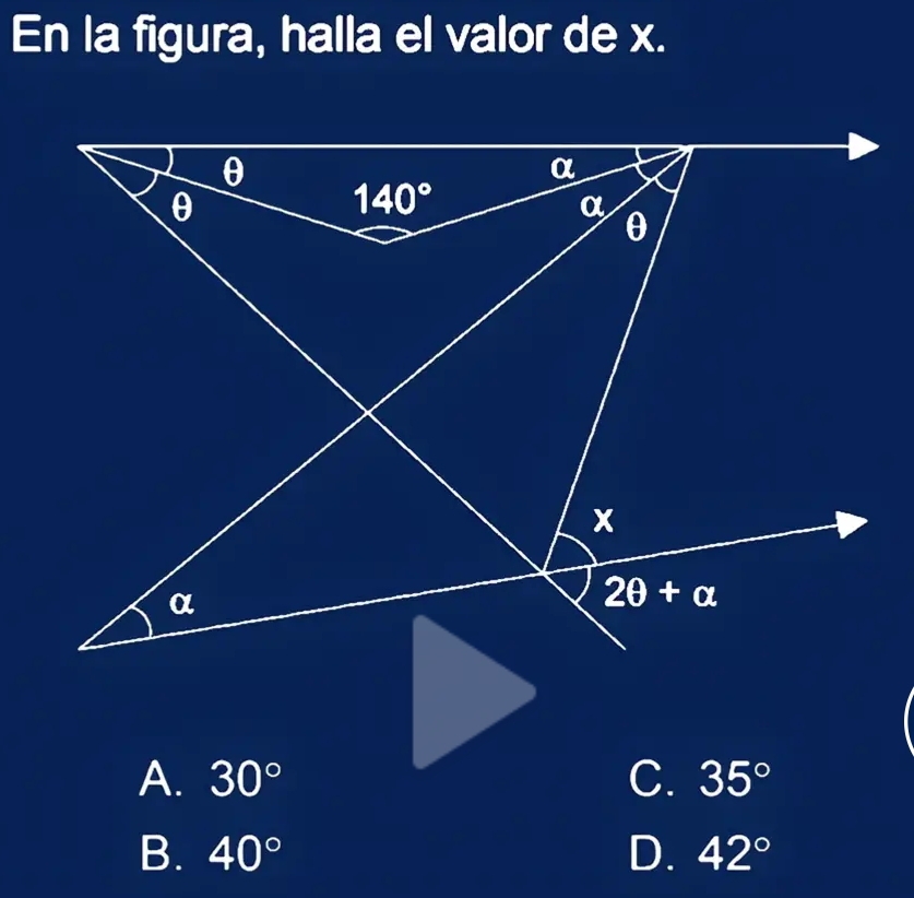 En la figura, halla el valor de x.
A. 30° C. 35°
B. 40° D. 42°