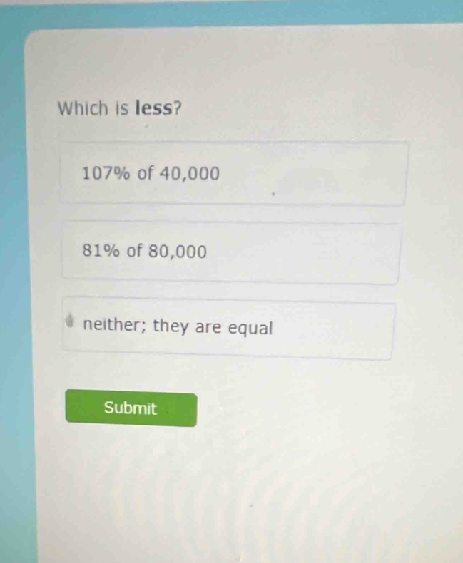 Which is less?
107% of 40,000
81% of 80,000
neither; they are equal
Submit