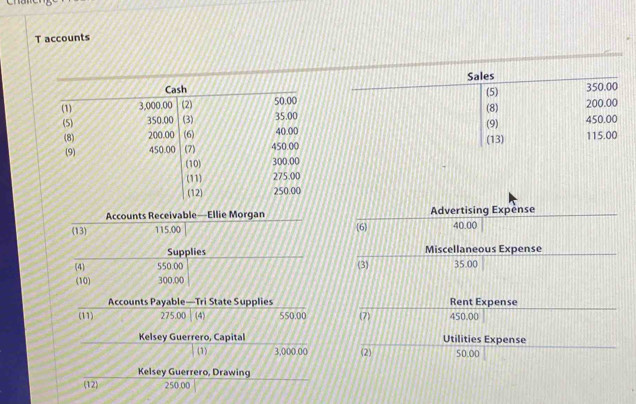 accounts 
Accounts Receivable—Ellie Morgan Advertising Expense 
(13) 115.00 6 40.00
Supplies Miscellaneous Expense 
(4) 550.00 (3) 35.00
(10) 300,00
Accounts Payable—Tri State Supplies Rent Expense 
(11) 275.00 (4) 550.00 (7) 450.00
Kelsey Guerrero, Capital Utilities Expense 
(1) 3,000.00 (2) 50.00
Kelsey Guerrero, Drawing 
(12) 250.00