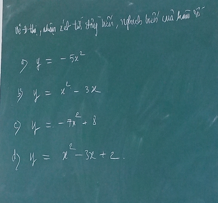 Nis th, tlang ior to thng ach, ngluich lh un huāi o
y=-5x^2
y=x^2-3x
9 y=-7x^2+8
d y=x^2-3x+2