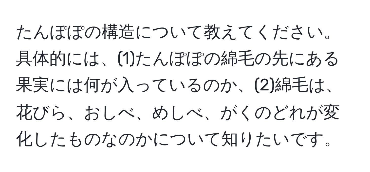 たんぽぽの構造について教えてください。具体的には、(1)たんぽぽの綿毛の先にある果実には何が入っているのか、(2)綿毛は、花びら、おしべ、めしべ、がくのどれが変化したものなのかについて知りたいです。