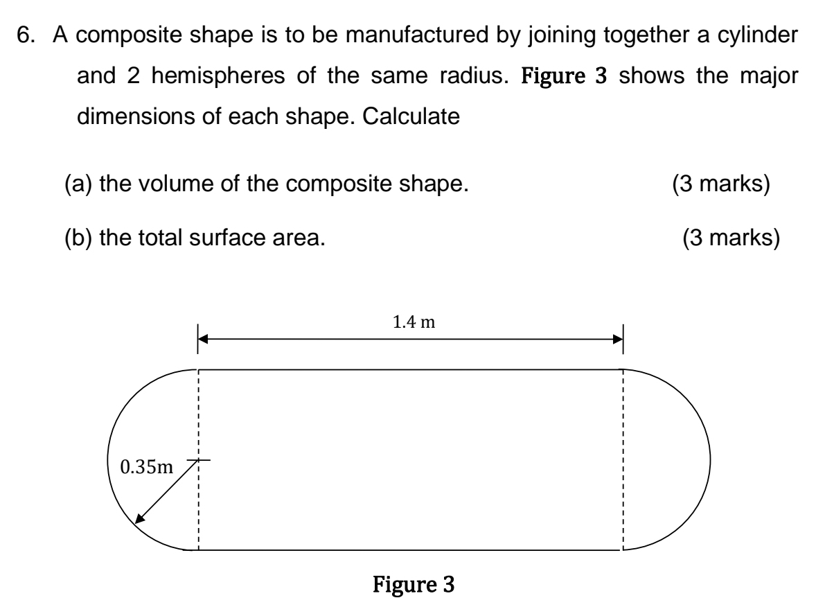 A composite shape is to be manufactured by joining together a cylinder 
and 2 hemispheres of the same radius. Figure 3 shows the major 
dimensions of each shape. Calculate 
(a) the volume of the composite shape. (3 marks) 
(b) the total surface area. (3 marks)