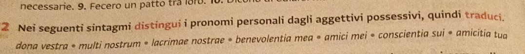 necessarie. 9. Fecero un patto tra loro. 
2 Nei seguenti sintagmi distingui i pronomi personali dagli aggettivi possessivi, quindi traduci. 
dona vestra • multi nostrum • lacrimae nostrae * benevolentia mea • amici mei • conscientia sui • amicitia tua