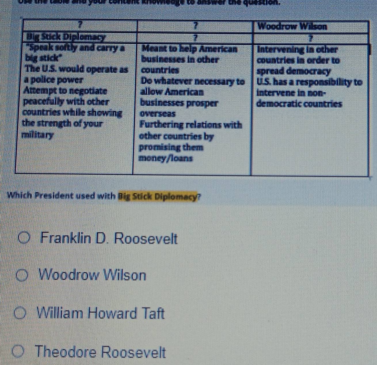 wee te cove and your consens anomeage to ampeer the question.
Which President used with Big Stick Diplomacy?
Franklin D. Roosevelt
Woodrow Wilson
William Howard Taft
Theodore Roosevelt