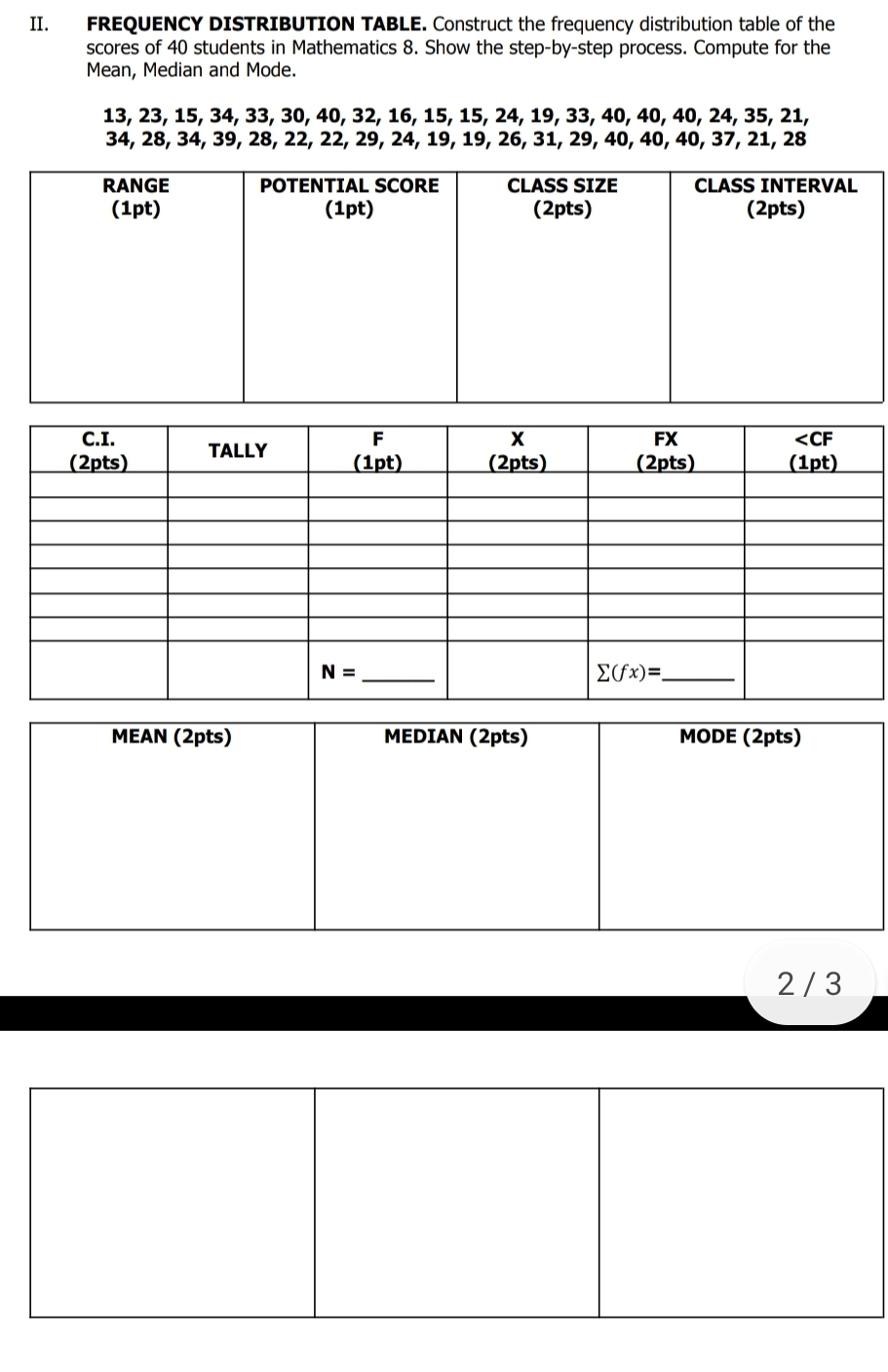 FREQUENCY DISTRIBUTION TABLE. Construct the frequency distribution table of the
scores of 40 students in Mathematics 8. Show the step-by-step process. Compute for the
Mean, Median and Mode.
13, 23, 15, 34, 33, 30, 40, 32, 16, 15, 15, 24, 19, 33, 40, 40, 40, 24, 35, 21,
34, 28, 34, 39, 28, 22, 22, 29, 24, 19, 19, 26, 31, 29, 40, 40, 40, 37, 21, 28
MEAN (2pts) MEDIAN (2pts) MODE (2pts)
2 / 3