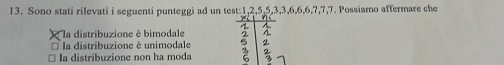 Sono stati rilevati i seguenti punteggi ad un test: 1, 2, 5, 5, 3, 3, 6, 6, 6, 7, 7, 7. Possiamo affermare che
la distribuzione è bimodale
la distribuzione è unimodale
Ia distribuzione non ha moda