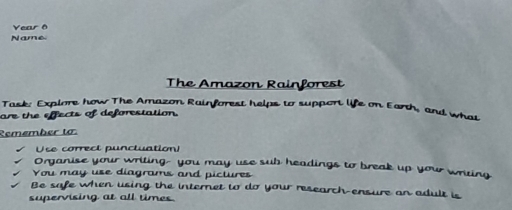 Year ô 
Name 
The Amazon Rainforest 
Task: Explore how The Amazon Rainforest helps to support life on Earth, and what 
are the effects of deforestation. 
Remember to 
Use correct punctuation! 
Organise your writing- you may use sub headings to break up you wriing 
You may use diagrams and pictures 
Be safe when using the internet to do your research-ensure an adult is 
supervising at all times .