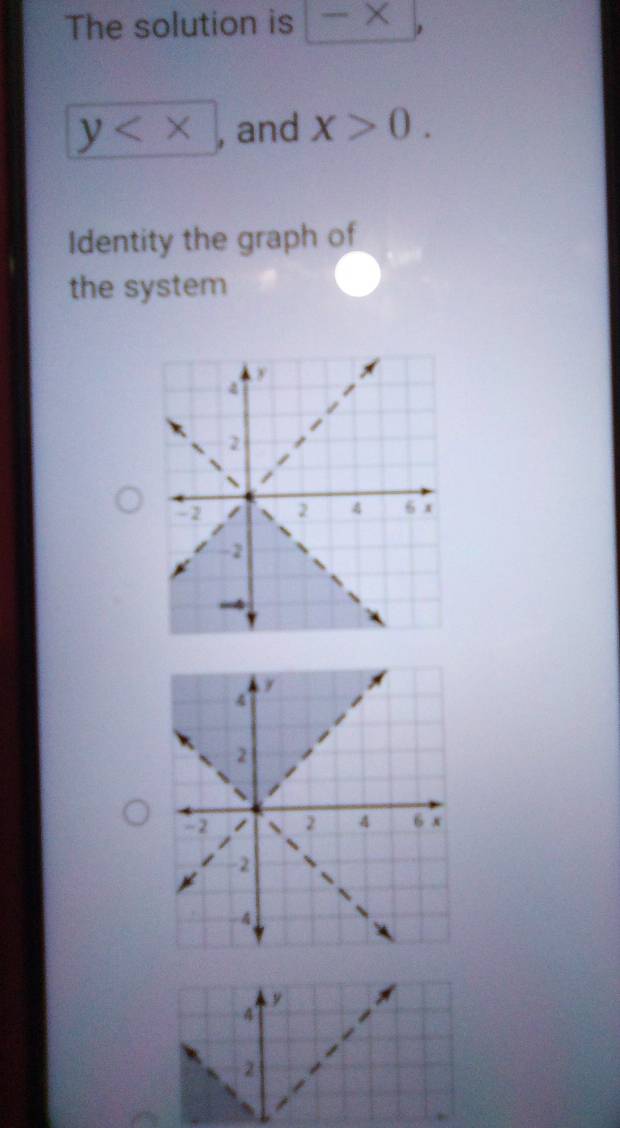 The solution is -x,
y , and x>0. 
Identity the graph of 
the system