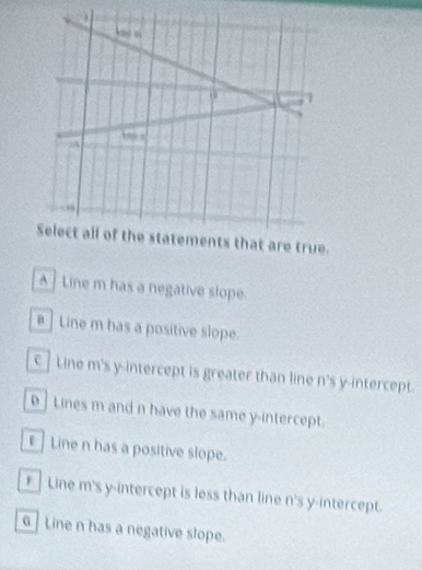 ue. 
A Line m has a negative slope. 
e Line m has a positive slope. 
€ ]Line m's y-intercept is greater than line n's y-intercept. 
] Lines m and n have the same y-intercept. 
Line n has a positive slope. 
Line m's y-intercept is less than line n's y-intercept. 
6 | Line n has a negative slope.