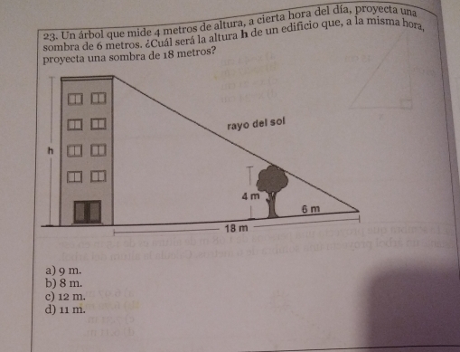 Un árbol que mide 4 metros de altura, a cierta hora del día, proyecta una
sombra de 6 metros. ¿Cuál será la altura h de un edificio que, a la misma hora,
proyecta una sombra de 18 metros?
a) 9 m.
b) 8 m.
c) 12 m.
d) 11 m.