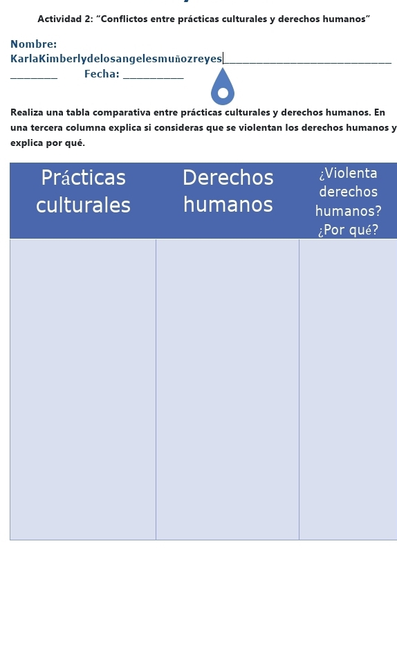 Actividad 2: “Conflictos entre prácticas culturales y derechos humanos”
Nombre:
Karla Kimberly delosangeles muñozreyes__
_
_Fecha:_
Realiza una tabla comparativa entre prácticas culturales y derechos humanos. En
una tercera columna explica si consideras que se violentan los derechos humanos y
explica por qué.
a
s
?
?