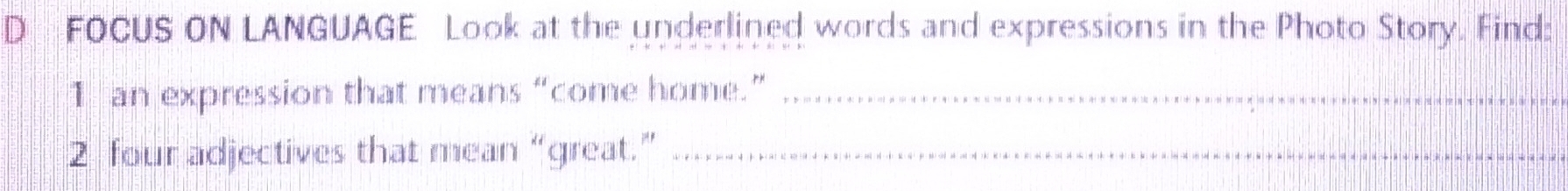 FOCUS ON LANGUAGE Look at the underlined words and expressions in the Photo Story. Find: 
1 an expression that means “come home.”_ 
2 four adjectives that mean “great.”_