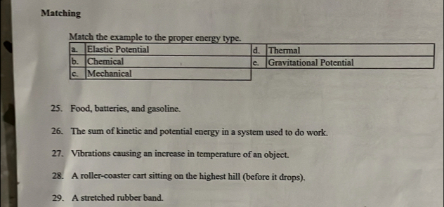 Matching 
25. Food, batteries, and gasoline. 
26. The sum of kinetic and potential energy in a system used to do work. 
27. Vibrations causing an increase in temperature of an object. 
28. A roller-coaster cart sitting on the highest hill (before it drops). 
29. A stretched rubber band.