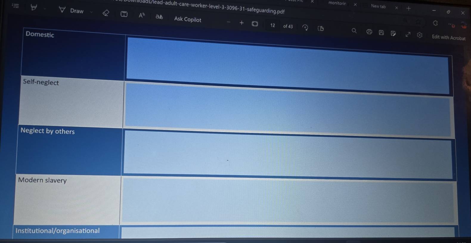 monitorin × New tab × 
lloads/lead-adult-care-worker-level-3-3096-31-safeguarding.pdf 
Draw T aあ Ask Copilot 
bat
