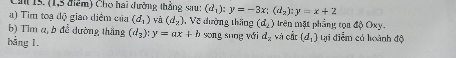 Cầu 15. (1,5 điểm) Cho hai đường thắng sau: (d_1):y=-3x; (d_2):y=x+2
a) Tìm toạ độ giao điểm của (d_1) và (d_2). Vẽ đường thắng (d_2) trên mặt phẳng tọa độ Oxy. 
b) Tìm a, b để đường thắng (d_3):y=ax+b song song với d_2 và cắt (d_1) tại điểm có hoành độ 
bằng 1.