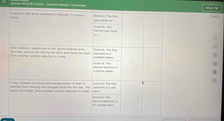Questian 30 of 35 (1 point) | Question Attempt: 1 of Unlimited Arlyss ✔ 
Espailet 
? 
∞