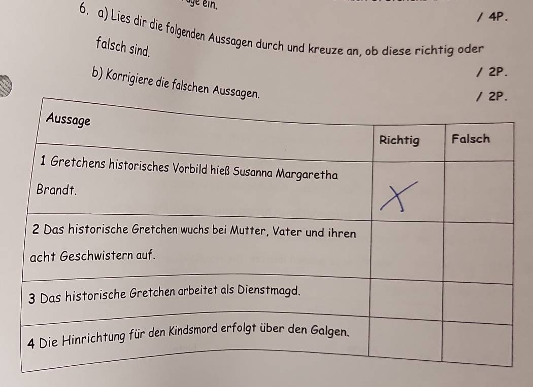 age ein. 
/ 4P. 
6. a) Lies dir die folgenden Aussagen durch und kreuze an, ob diese richtig oder 
falsch sind. 
/ 2P. 
b) Korrigiere die falschen A