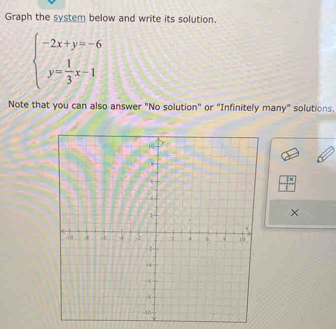 Graph the system below and write its solution.
beginarrayl -2x+y=-6 y= 1/3 x-1endarray.
Note that you can also answer "No solution" or "Infinitely many" solutions.
overline exists x
± 
×