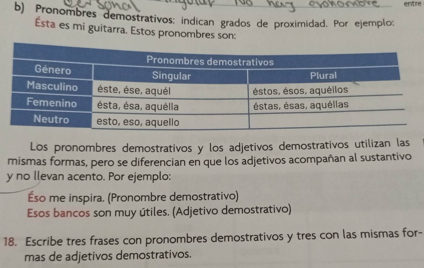 entre 
b) Pronombres demostrativos: indican grados de proximidad. Por ejemplo: 
Ésta es mi guitarra. Estos pronombres son: 
Los pronombres demostrativos y los adjetivos demostrativos utilizan las 
mismas formas, pero se diferencian en que los adjetivos acompañan al sustantivo 
y no llevan acento. Por ejemplo: 
Éso me inspira. (Pronombre demostrativo) 
Esos bancos son muy útiles. (Adjetivo demostrativo) 
18. Escribe tres frases con pronombres demostrativos y tres con las mismas for- 
mas de adjetivos demostrativos.