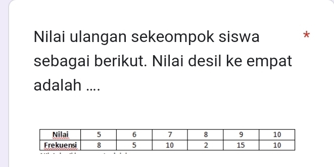 Nilai ulangan sekeompok siswa * 
sebagai berikut. Nilai desil ke empat 
adalah ....