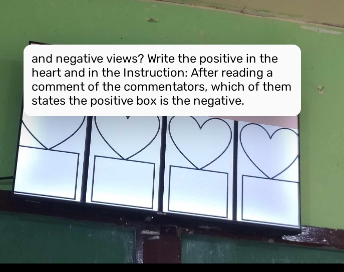 and negative views? Write the positive in the 
heart and in the Instruction: After reading a 
comment of the commentators, which of them 
states the positive box is the negative.