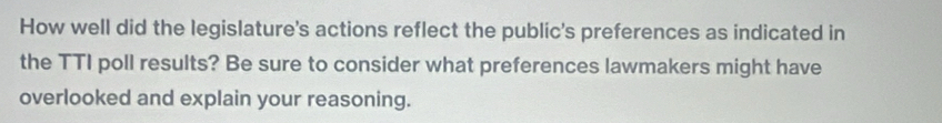 How well did the legislature's actions reflect the public's preferences as indicated in 
the TTI poll results? Be sure to consider what preferences lawmakers might have 
overlooked and explain your reasoning.