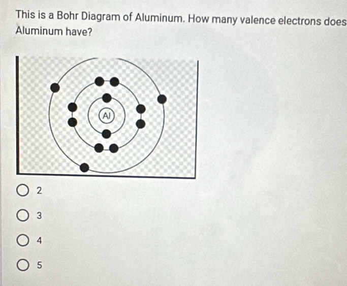 This is a Bohr Diagram of Aluminum. How many valence electrons does
Aluminum have?
2
3
4
5