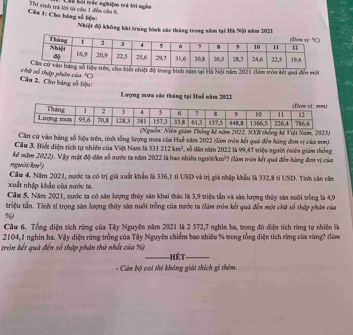 Cầu hồi trắc nghiệm trả lời ngắn
Thí sinh trả lời từ câu 1 đến câu 6.
Câu 1: Cho bảng số liệu:
Nhiệt độ không khí trung bình các tháng trong năm tại Hà Nội năm 2021
rung bình năm tại Hà Nội năm 2021 (làm tròn kết quả đến một
ữ số thập phân của°C)
Câu 2. Cho bảng số liệu:
Lượng mưa các tháng tại Huế năm 2022
hống kê năm 2022, NXB thống kê Việt Nam, 2023)
Căn cứ vào bảng số liệu trên, tính tổng lượng mưa của Huế năm 2022 (làm tròn kết quả đến hàng đơn vị của mm).
Câu 3. Biết diện tích tự nhiên của Việt Nam là 331212km^2 *, số dân năm 2022 là 99,47 triệu người (niên giám thống
kê năm 2022). Vậy mật độ dân số nước ta năm 2022 là bao nhiêu người /km^2 ? (làm tròn kết quả đến hàng đơn vị của
người/km²)
Câu 4. Năm 2021, nước ta có trị giá xuất khẩu là 336,1 tỉ USD và trị giá nhập khẩu là 332,8 tỉ USD. Tính cán cân
xuất nhập khẩu của nước ta.
Câu 5. Năm 2021, nước ta có sản lượng thủy sản khai thác là 3,9 triệu tấn và sản lượng thủy sản nuôi trồng là 4,9
triệu tấn. Tính tỉ trọng sản lượng thủy sản nuôi trồng của nước ta (làm tròn kết quả đến một chữ số thập phân của
%)
Câu 6. Tổng diện tích rừng của Tây Nguyên năm 2021 là 2 572,7 nghìn ha, trong đó diện tích rừng tự nhiên là
2104,1 nghìn ha. Vậy diện rừng trồng của Tây Nguyên chiếm bao nhiêu % trong tổng diện tích rừng của vùng? (làm
tròn kết quả đến số thập phân thứ nhất của %)
__
- Cán bộ coi thi không giải thích gì thêm.