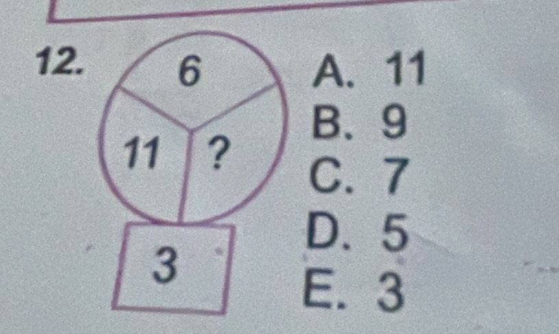 A. 11
B、 9
C. 7
D. 5
E. 3