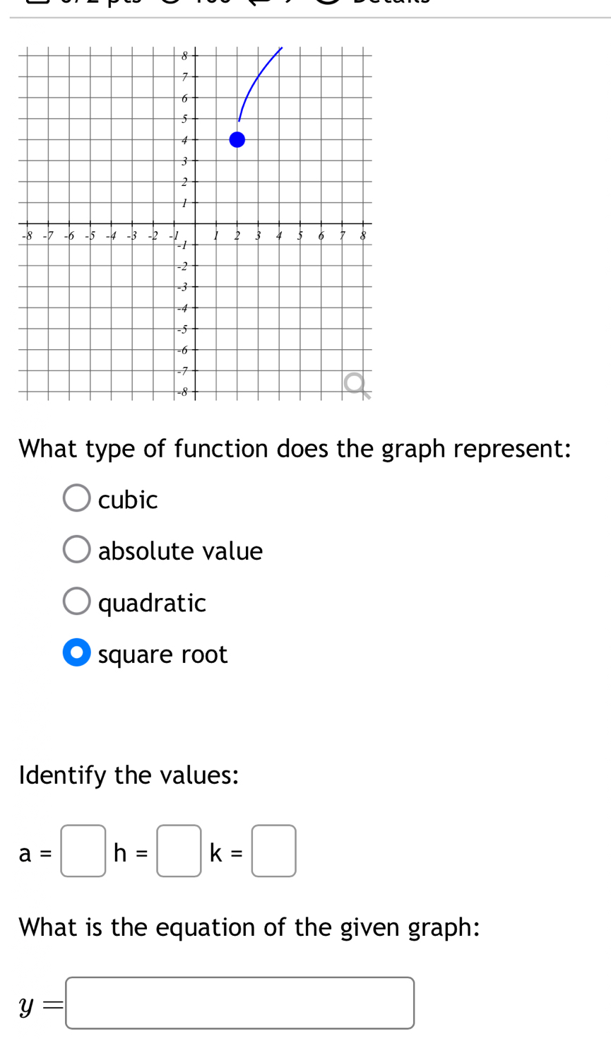 What type of function does the graph represent:
cubic
absolute value
quadratic
square root
Identify the values:
a=□ h=□ k=□
What is the equation of the given graph:
y=□