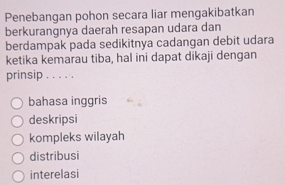 Penebangan pohon secara liar mengakibatkan
berkurangnya daerah resapan udara dan
berdampak pada sedikitnya cadangan debit udara
ketika kemarau tiba, hal ini dapat dikaji dengan
prinsip . . . . .
bahasa inggris
deskripsi
kompleks wilayah
distribusi
interelasi