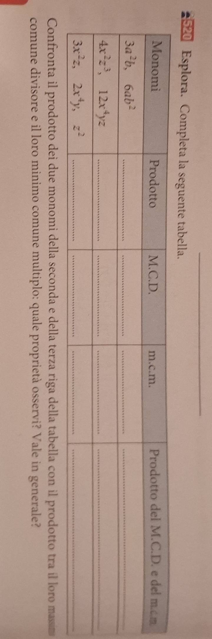 520 Esplora. Completa la seguente tabella.
Confronta il prodotto dei due monomi della seconda e della terza riga della tabella con il prodotto tra íl loro massin
comune divisore e il loro minimo comune multiplo: quale proprietà osservi? Vale in generale?