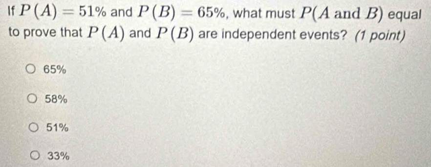 If P(A)=51% and P(B)=65% , what must P(A and B) equal
to prove that P(A) and P(B) are independent events? (1 point)
65%
58%
51%
33%