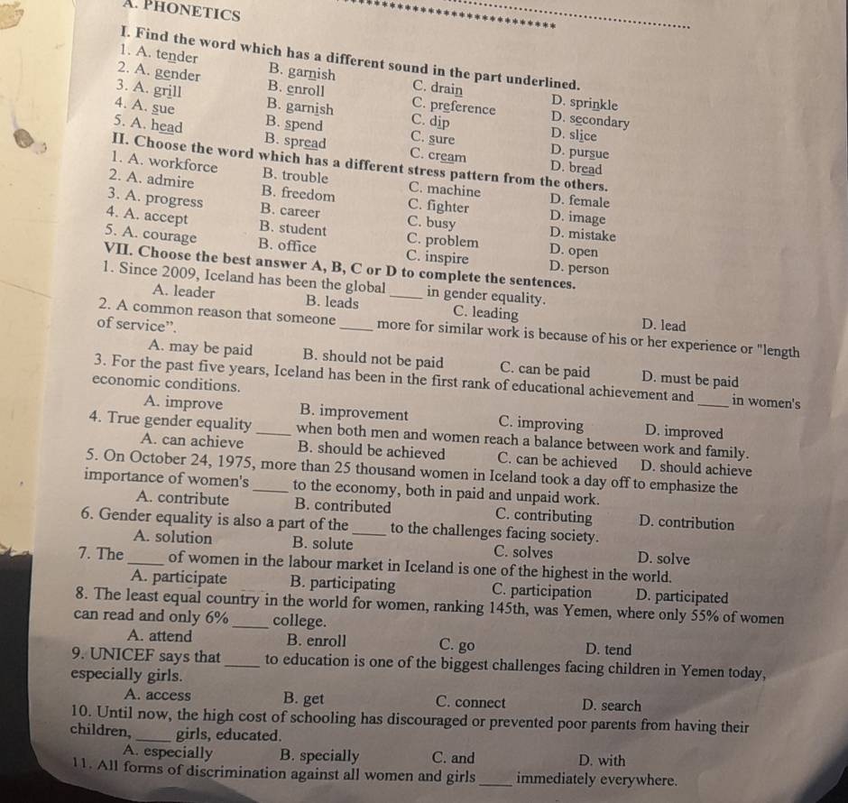 PHONETICS
_
_
_
I. Find the word which has a different sound in the part underlined.
1. A. tender B. garnish C. drain
2. A. gender B. enroll C. preference D. sprinkle D. secondary
3. A. grill B. garnish C. dip
4. A. sue B. spend C. sure
D. slice
5. A. head B. spread C. cream D. bread
D. pursue
II. Choose the word which has a different stress pattern from the others.
1. A. workforce B. trouble
2. A. admire B. freedom C. machine D. female
3. A. progress B. career C. fighter D. mistake
C. busy
D. image
4. A. accept B. student C. problem D. open
B. office C. inspire D. person
5. A. courage VII. Choose the best answer A, B, C or D to complete the sentences.
1. Since 2009, Iceland has been the global _in gender equality.
A. leader B. leads C. leading D. lead
of service”.
2. A common reason that someone_ more for similar work is because of his or her experience or "length
A. may be paid B. should not be paid C. can be paid D. must be paid
3. For the past five years, Iceland has been in the first rank of educational achievement and_ in women's
economic conditions.
A. improve B. improvement C. improving D. improved
4. True gender equality_ when both men and women reach a balance between work and family.
A. can achieve B. should be achieved C. can be achieved D. should achieve
5. On October 24, 1975, more than 25 thousand women in Iceland took a day off to emphasize the
importance of women's_ to the economy, both in paid and unpaid work.
A. contribute B. contributed C. contributing D. contribution
6. Gender equality is also a part of the _to the challenges facing society.
A. solution B. solute C. solves D. solve
7. The _of women in the labour market in Iceland is one of the highest in the world.
A. participate B. participating C. participation D. participated
8. The least equal country in the world for women, ranking 145th, was Yemen, where only 55% of women
can read and only 6% _college.
A. attend B. enroll C. go D. tend
9. UNICEF says that _to education is one of the biggest challenges facing children in Yemen today,
especially girls.
A. access B. get C. connect D. search
10. Until now, the high cost of schooling has discouraged or prevented poor parents from having their
children, _girls, educated.
A. especially B. specially C. and D. with
11. All forms of discrimination against all women and girls _immediately everywhere.