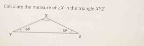 Calculate the measure of ∠ X in the triangle XYZ.