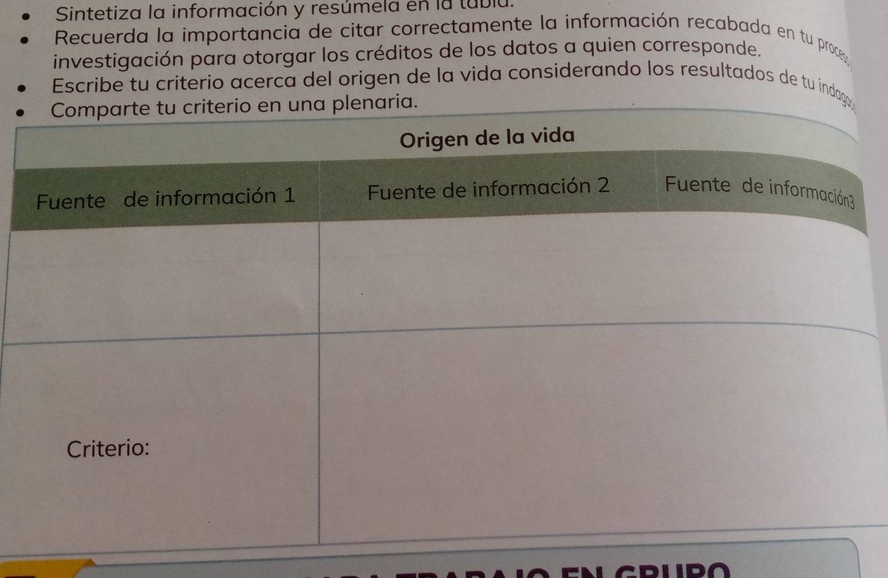 Sintetiza la información y resúmela en la tublu. 
Recuerda la importancia de citar correctamente la información recabada en tu procesy 
investigación para otorgar los créditos de los datos a quien corresponde. 
Escribe tu criterio acerca del origen de la vida considerando los resultados de tu indago